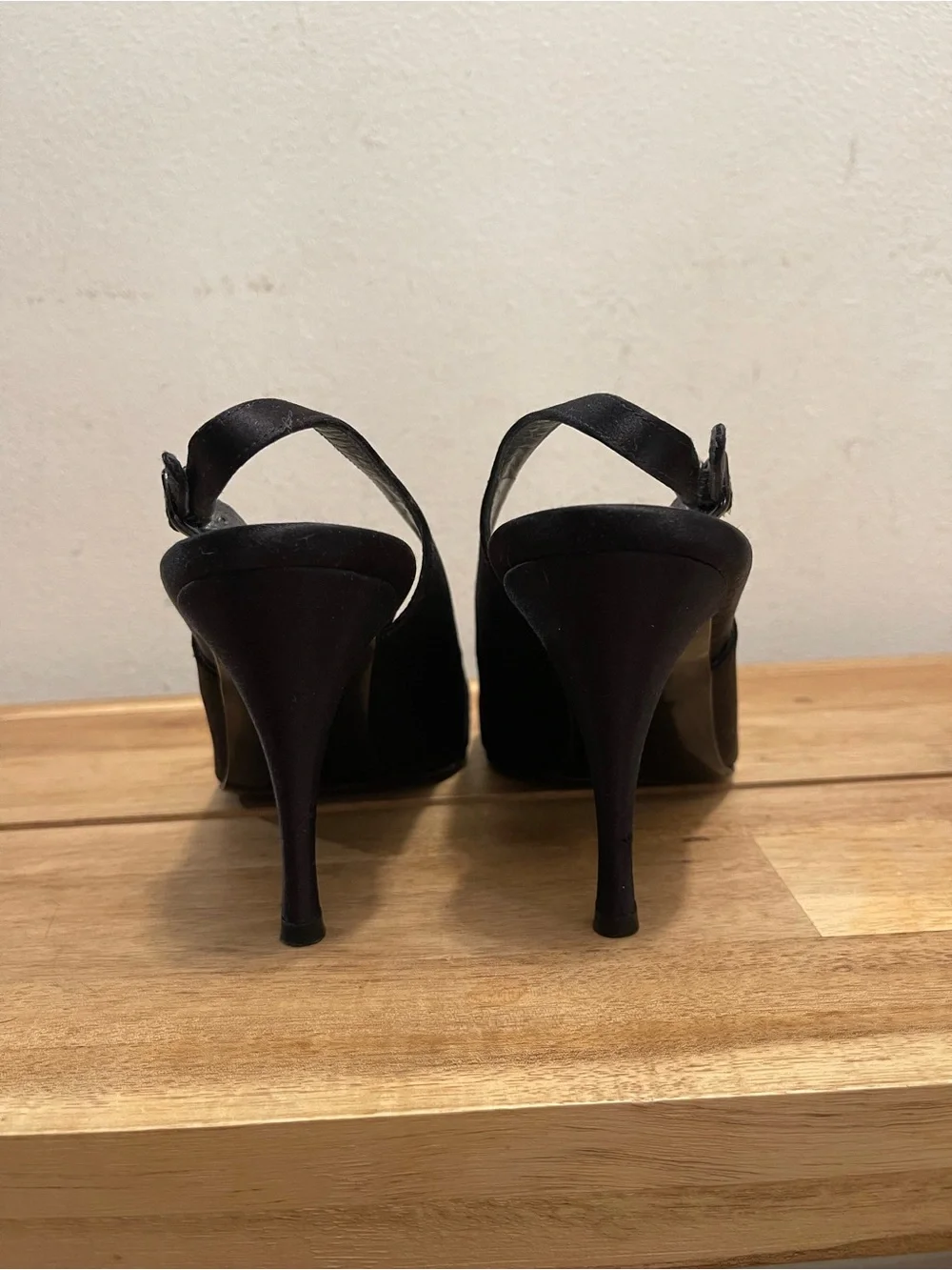 Stuart Weitzman Black Satin Peep Toe Slingback Heels - Size 7.5 M